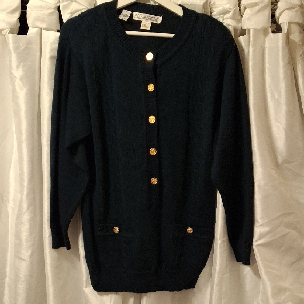 J H Collection Women's Dark Green  Sweater with Gold Accents Med 100% Wool